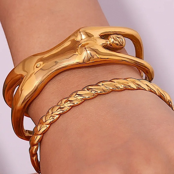 Jewelry - Stainless Steel Gold Body Figure Bangle Bracelet Statement Tarnish Free